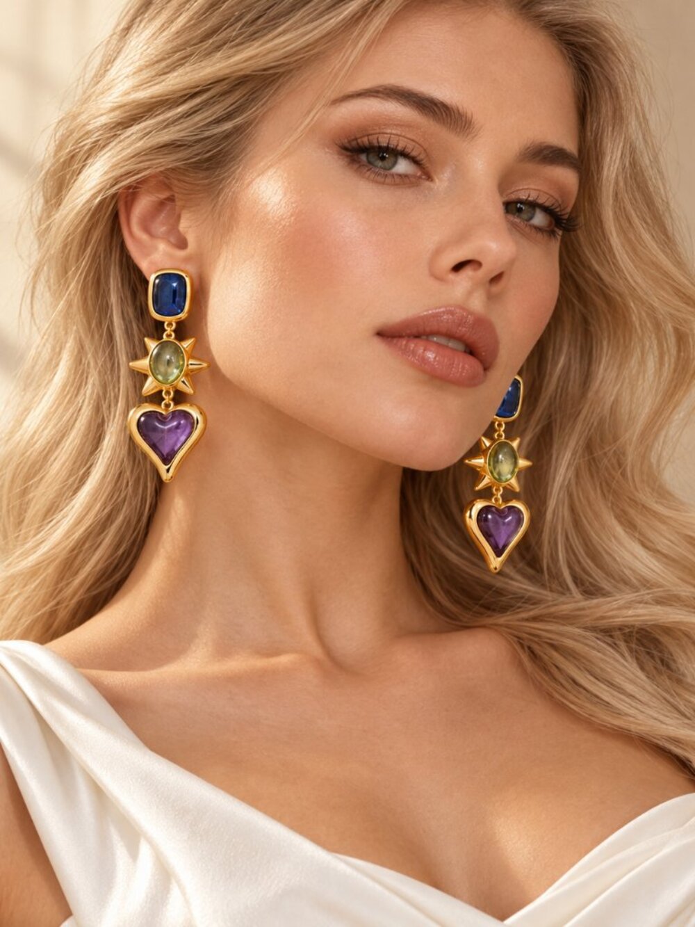 Gold Tone Celestial Heart Drop Earrings Purple Blue Green Statement Jewelry